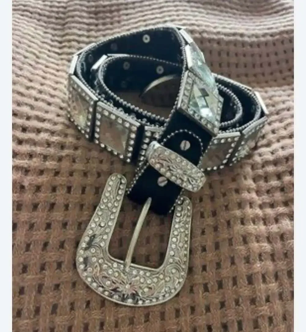 WB Atlas Western Rhinestone Bling Belt Black Leather Crystal Studded Size M